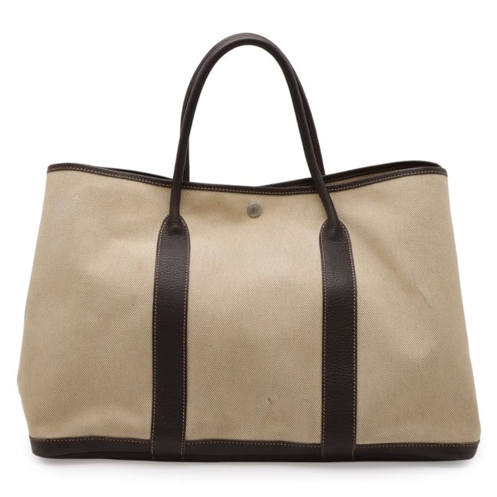 Hermes Garden Party Mm Tote Shoulder Toile Ash Leather Beige Dark Brown
